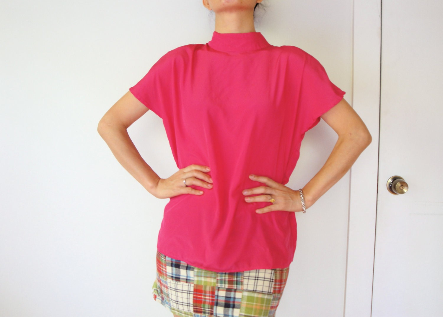 vintage women 80s shiny hot pink dolman cap sleeve shoulder pads high neck boxy blouse (xs - small)