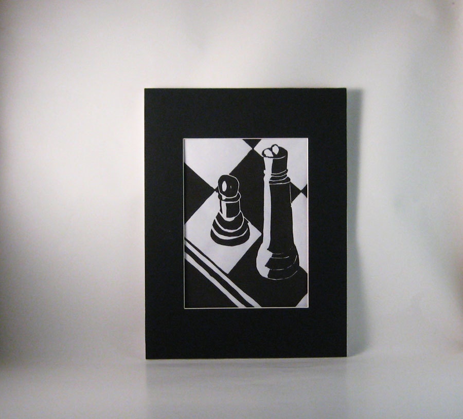 Black and white chess board two matted linocut prints