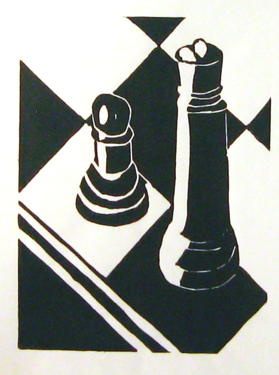 Black and white chess board two matted linocut prints