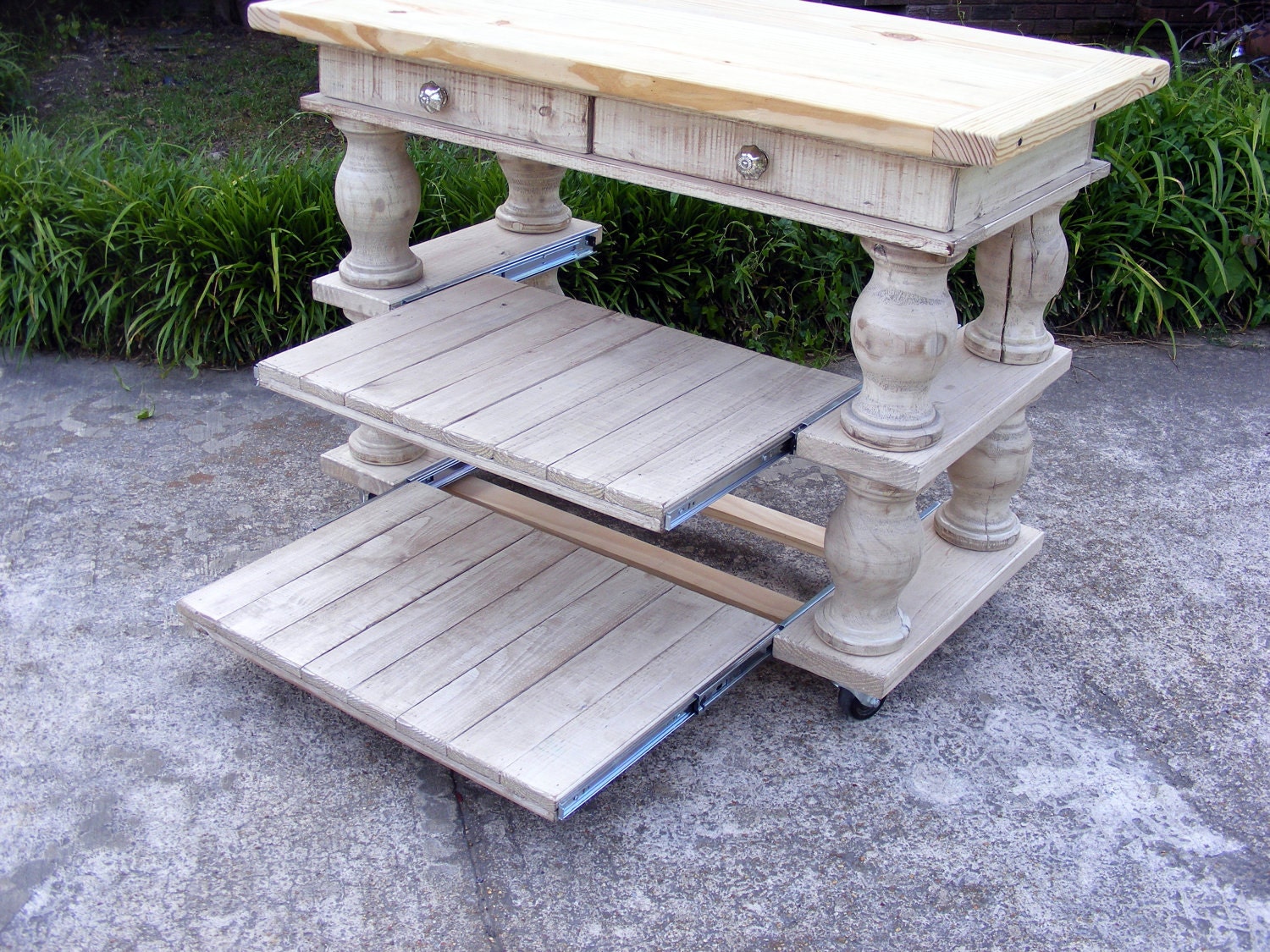 Solid Pine Kitchen Island Ivory Legs and Natural Top With Drawers and Slide Out Shelves On Casters