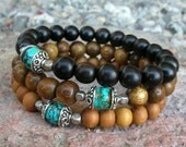 sandalwood, ebony, and wood with genuine turquoise guru bead mala bracelet set - yoga jewelry, on sale