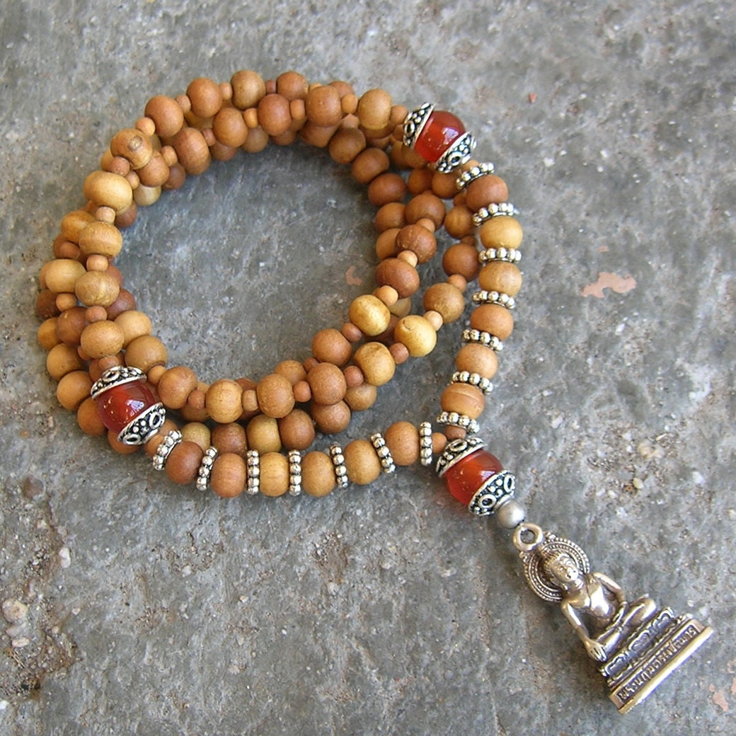 buddha -108 bead mala wrap bracelet or necklace, Aromatic Sandalwood, Carnelian, and Tibetan handmade pendant of Buddha, yoga jewelry