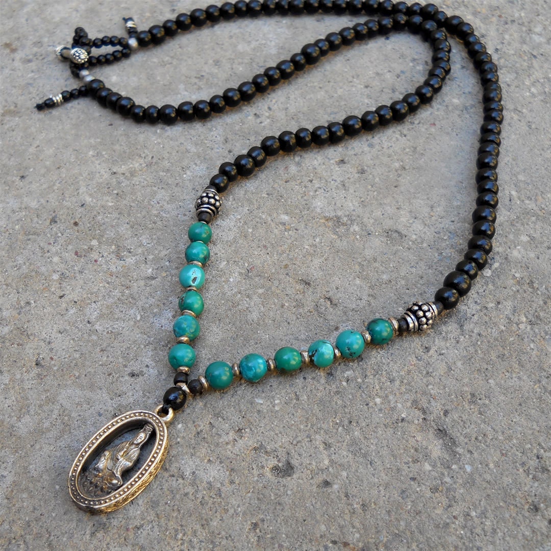 strength and compassion - 108 bead necklace, genuine turquoise and ebony, Quan Yin pendant