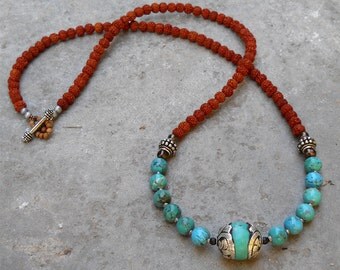 108 bead necklace, rudraksha, genuine turquoise, and Tibetan capped Turquoise guru bead