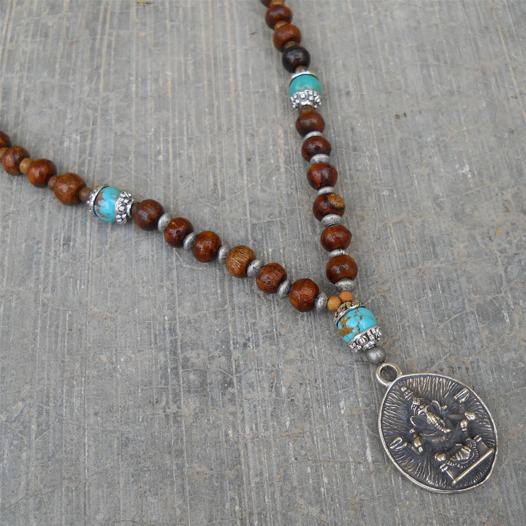 success - 108 mala wood prayer beads and turquoise bead wrap yoga bracelet or necklace, with Ganesh pendant