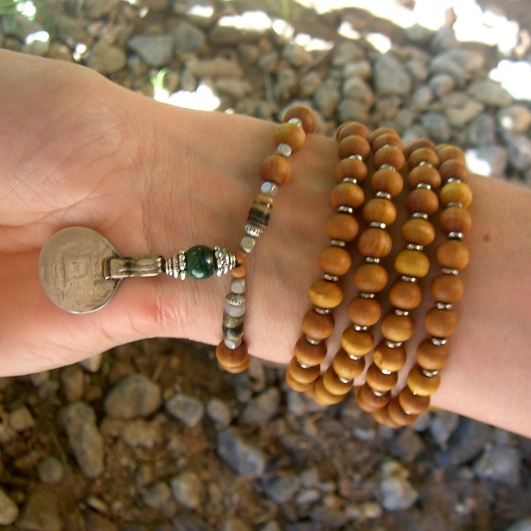 108 bead mala wrap bracelet , or necklace, sandalwood, malachite and Vintage coin