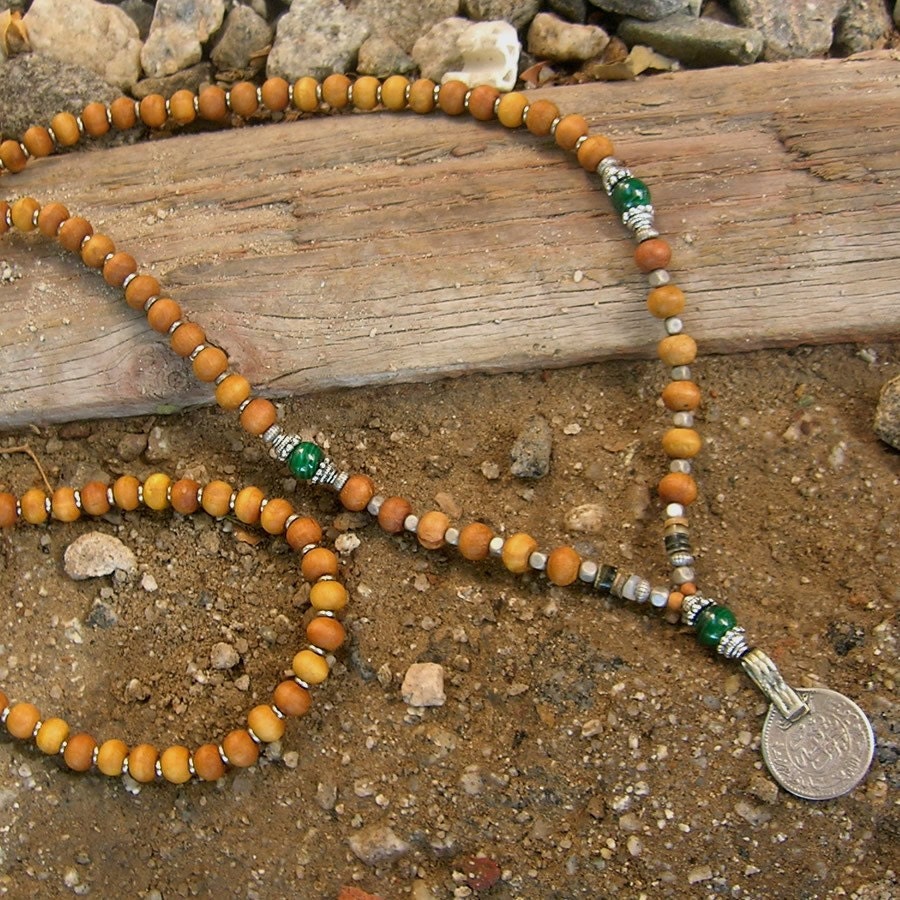 108 bead mala wrap bracelet , or necklace, sandalwood, malachite and Vintage coin