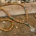 108 bead mala wrap bracelet , or necklace, sandalwood, malachite and Vintage coin