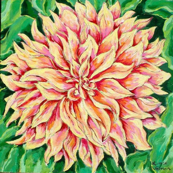 Pink, Dahlia, Flower, Painting, Acrylic, Home Decor, Original, Summer, Coral, Large Dahlia,14 in x 14 in , Ready to hang