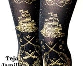 Pirate Tights Narwhal Print Large Gold on Black Womens Tattoo Sailor Octopus Squid