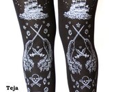 Pirate Printed Tights Large Silver on Black Women Tattoo Sailor Octopus Narwhal Squid Anchor
