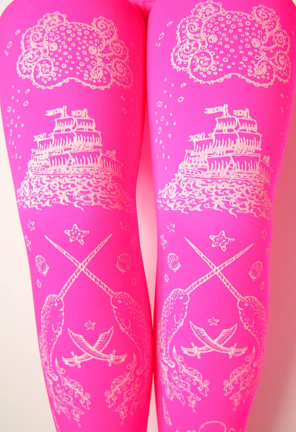 Pirate Printed Tights Pink with Octopus Narwhal and Squid Small Medium White Pearl on Fluorescent Pink Women