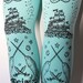 Pirate Printed Narwhal Tights Large Black Pearl on Duck Egg Blue Womens Nautical Tattoos Octopus Squid Sailor