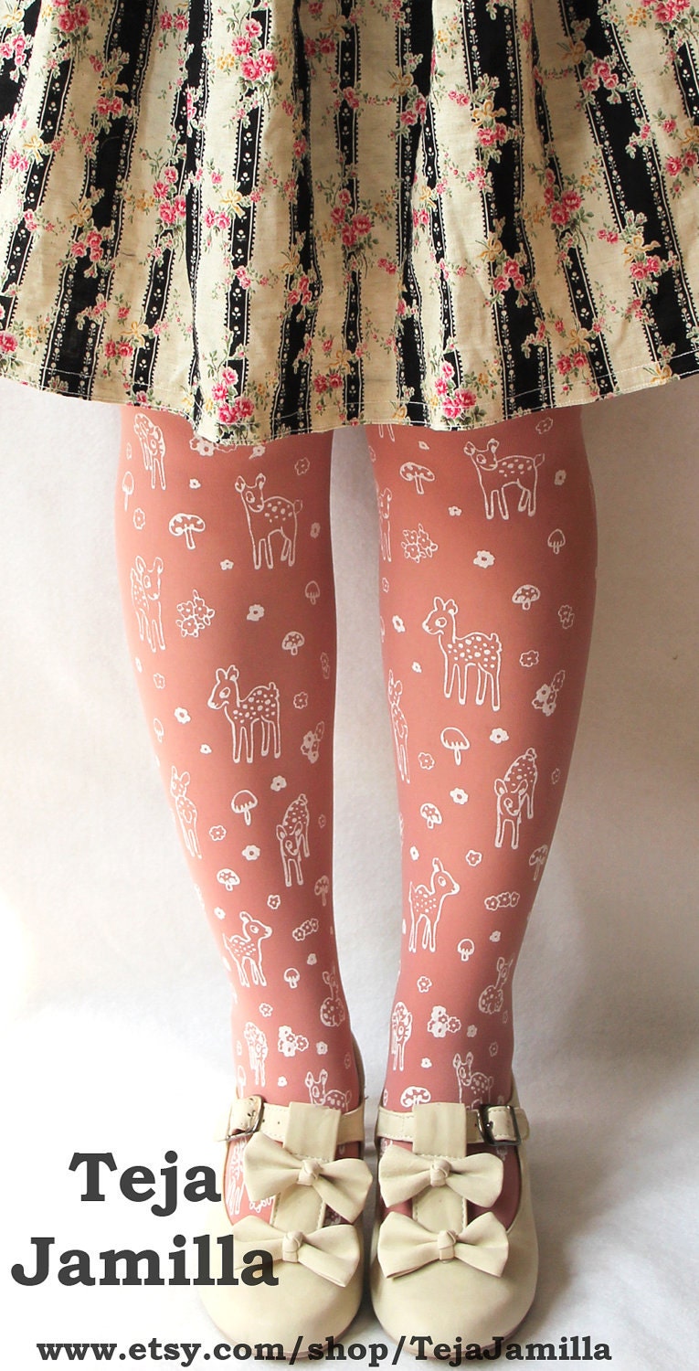Deer Socks Stockings Knee High Hold Ups Fawn & Mushroom Print Small White on Rose Pink Women Mori Forest