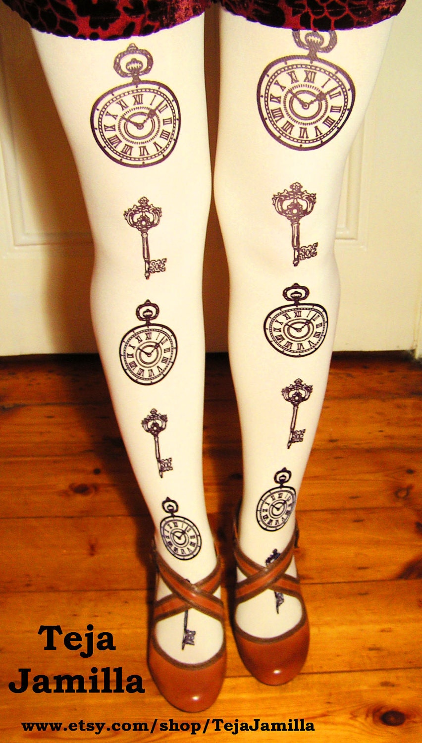 Pocket-Watch & Keys Tights Printed Plus Size Extra Large Black Pearl on Cream Victorian Gothic Lolita Steampunk Print