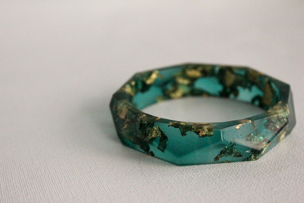 Emerald green with gold flakes eco resin faceted bracelet bangle