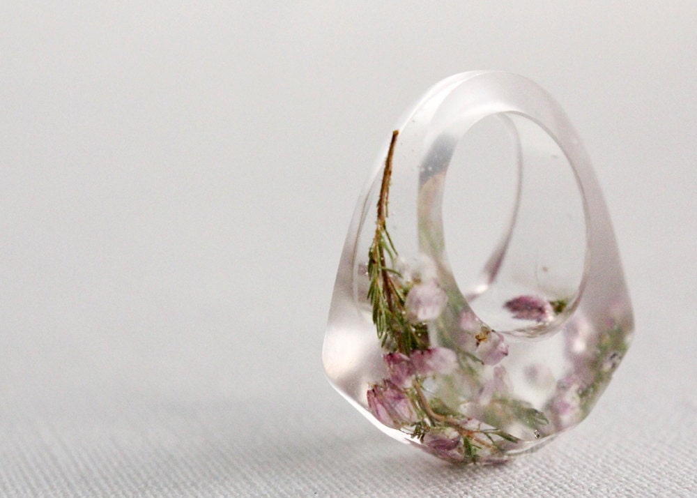 pale pink heather flower multifaceted eco resin ring