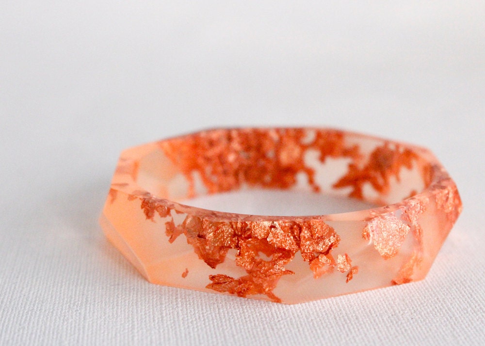 apricot copper eco resin faceted bracelet bangle with copper leaf