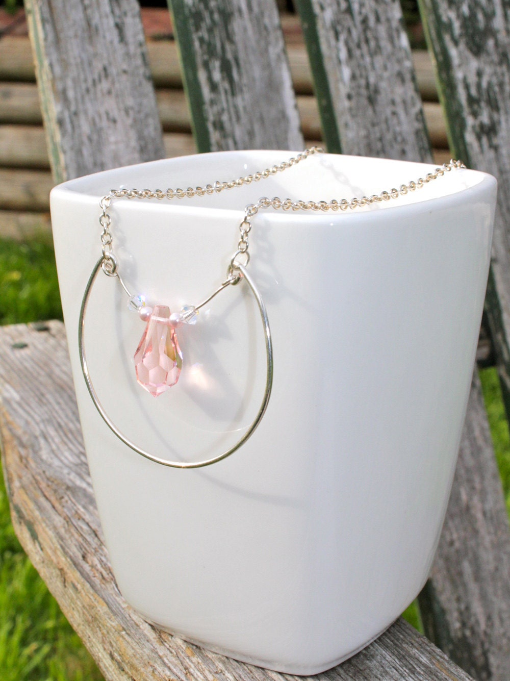Summer Teardrops. Large Pink Rose Swarovski Crystal and Hand Shaped 16" Silver Chain Necklace.