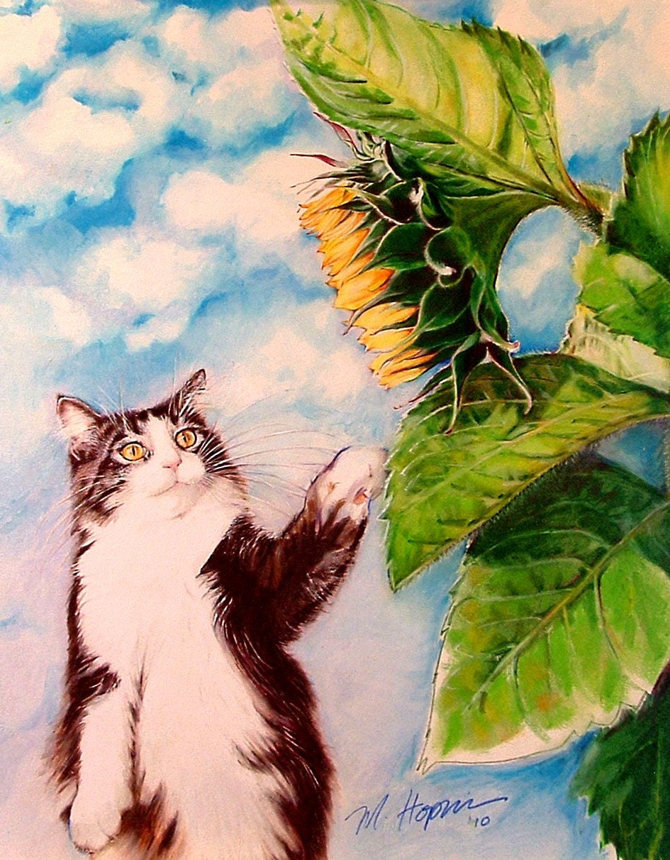 Sunflower with Cat, Framed Original painting by Margi Hopkins of Pepper Portraits LLC.