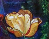 Specially Priced, A Yellow Tulip for Mom, Framed Original Painting on Silk by Margi Hopkins of Pepper Portraits LLC.