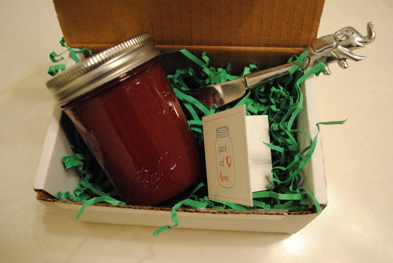 Jam Grams for Matthew: 4 oz of Strawberry/Blackberry Jam, Note Card & Elephant Jam Spreader