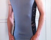 Mens Tank Shirt colorblock two-tone cyber Burning Man raver goth festival eco friendly sleeveless tank zombie distressed slashed