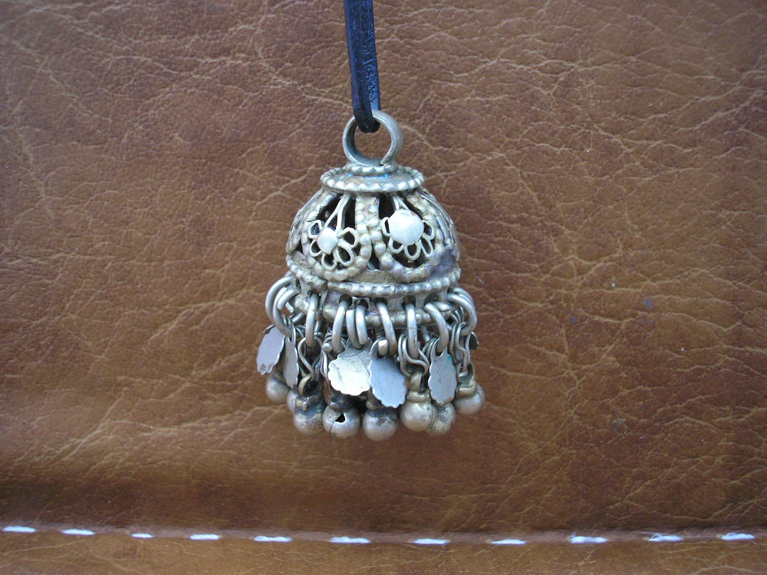 Vintage hindu large bell pendant with leather cord