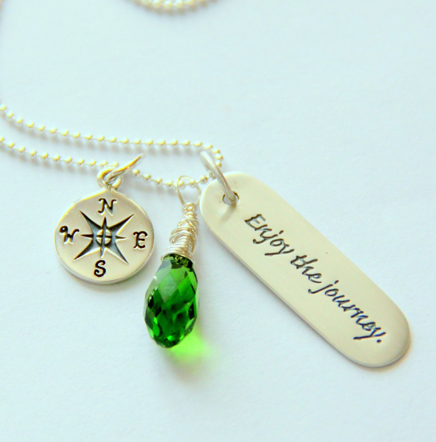 Inspirational Graduation Necklace, Emerald Peridot Necklace Green Silver Graduation Quotes, 2012, Bonne Voyage Journey, Mothers Day Jewelry