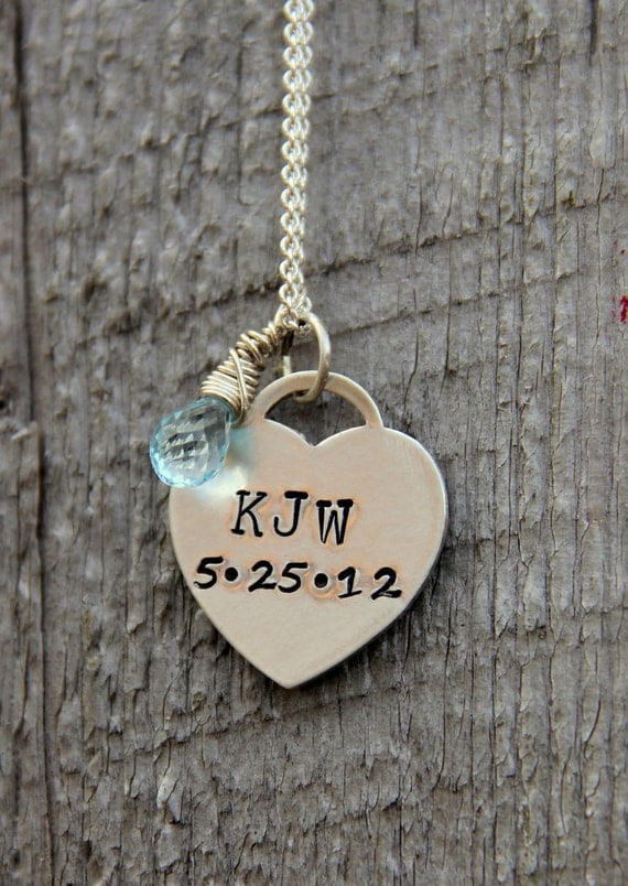 New Bride Gift, Hand stamped wedding date jewelry, Change of Name Monogram Necklace, Wedding Date Heart Pendant, Gift For New Wife