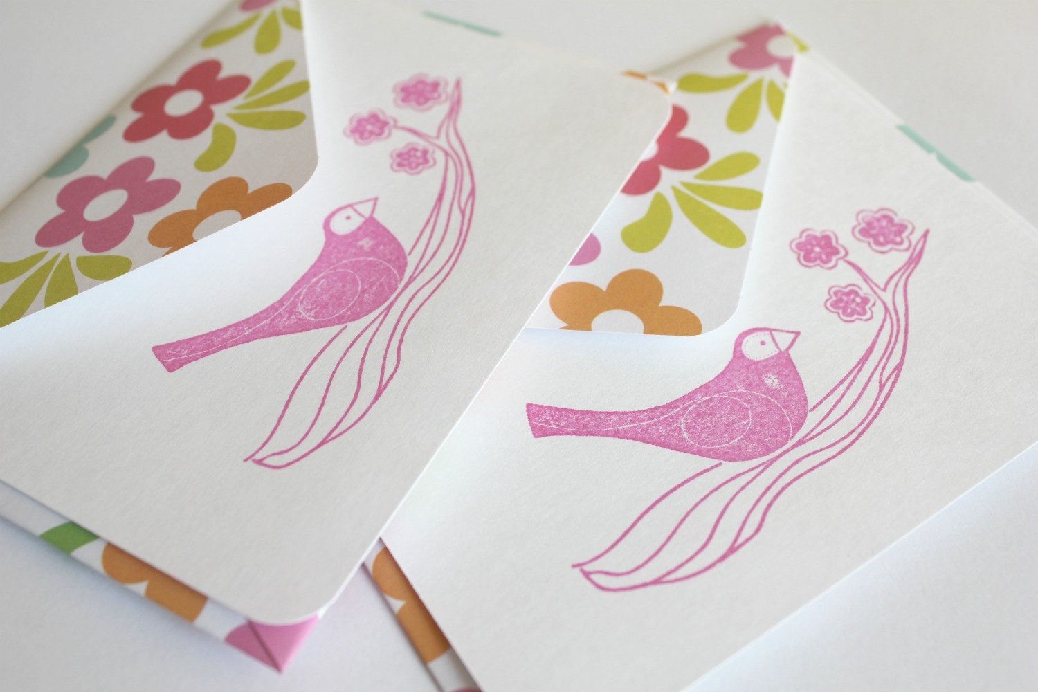 Set of 2 Stationery - Multi Colored Flowers - Spring Bird
