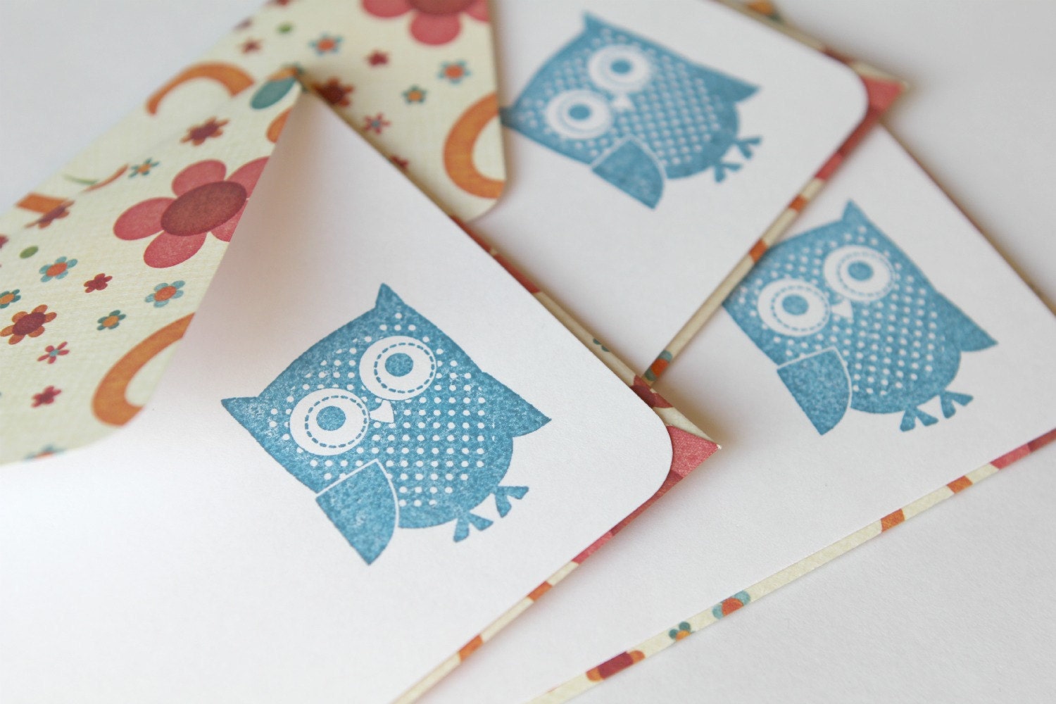 Set of 3 Stationery - Flowers with Blue Owls - What a Hoot