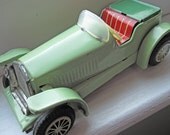 Tin toy car, Japanese, with friction action, sports car, mint green tinplate, litho tin mechanical automobile