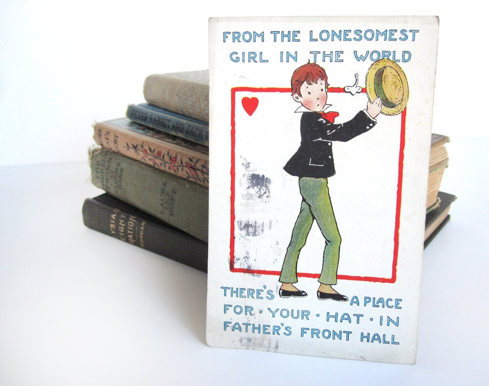 Vintage Whitney Made postcard, lonesomest girl in the world, boy with straw hat, red heart, Mary Engelbreit style