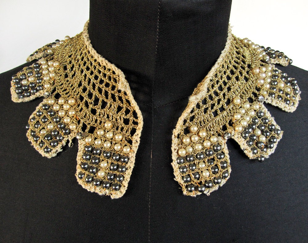 Vintage beaded collar, 1950s sweater or necklace collar with gold crochet, champagne and steel-gray pearls, rhinestones