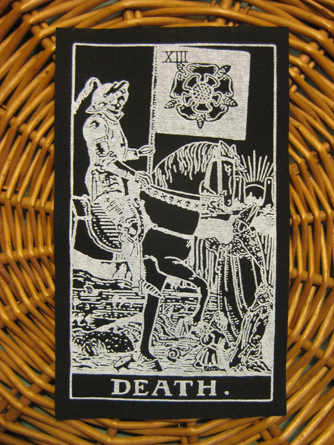 Death Tarot Card handmade screen printed patch, white on black