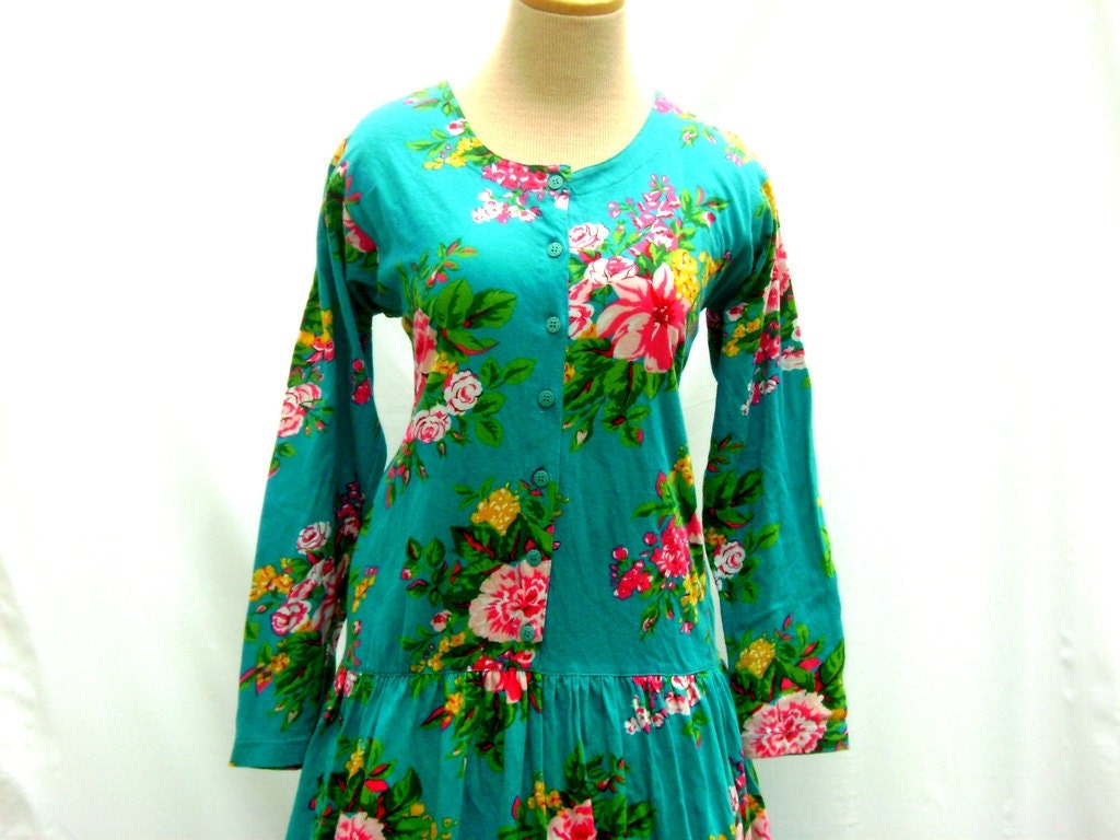 Vintage 1980s Colorful Turquoise Floral Drop-Waist Dress