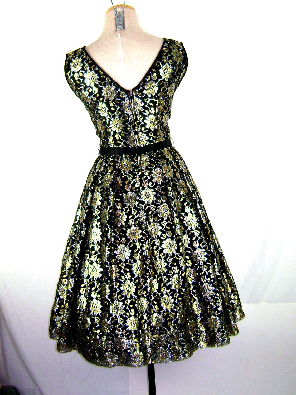 1950s - 1960s Party Dress - Full Skirt Dress in Black with Metallic Floral Embroidery