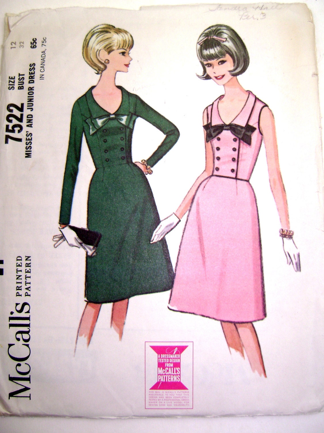 McCall's 7522 1960s Dress Pattern with Double Breasted Button and Bow Trimmed Bodice, Short Flared Skirt (Size 12, Bust 32)
