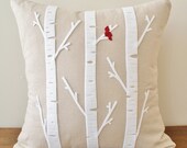 Birch Tree w/ Cardinal - Linen Cushion Cover - 18x18 - sarahsmiledesign