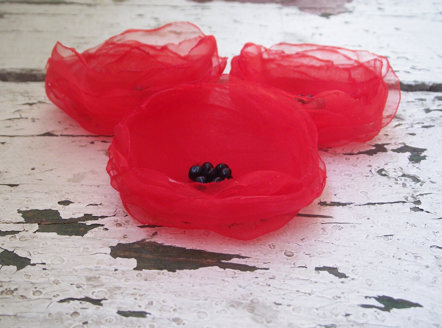Red Poppies Fabric flowers applique organza, for brooch, hair, corsage fascinator europeanstreetteam