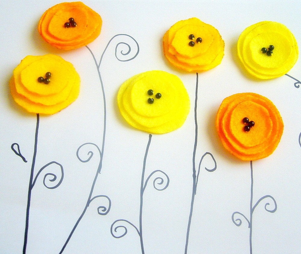 6 Sunshine Felt flowers applique sew on poppy 3 shades of yellow decor school singed diy flowers europeanstreetteam