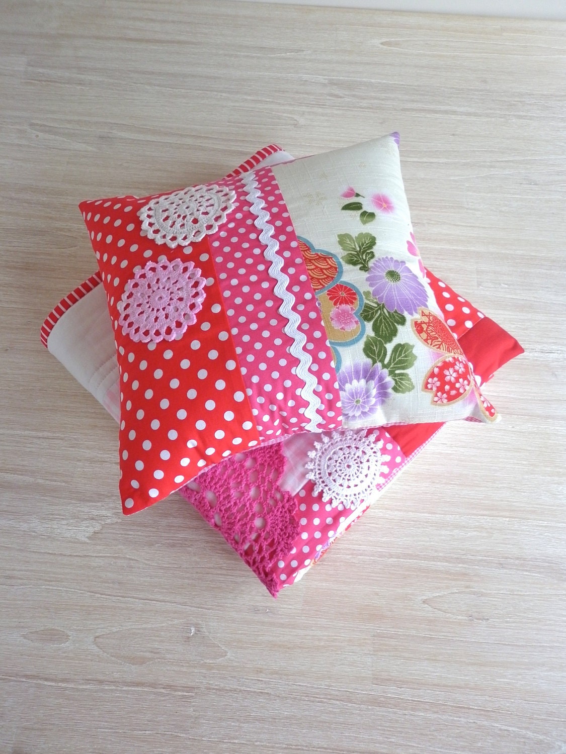 Patchwork Baby girl Quilt and cushion in Pink and Red, One only -Ready to ship now