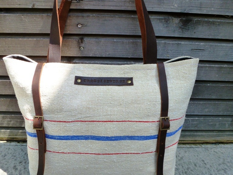 recycled antique linen carry all/tote bag with double buckle closure