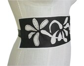 Wide Leather Steampunk Cummerbund Belt Floral Applique Casual Easy Wear Black & White Unisex in stock
