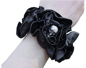 Steampunk Wedding Skull Bracelet Corsage Black Leather Flower Cuff  custom order