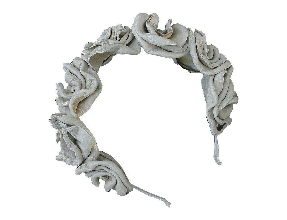 Bridal Headband Leather Flower Headband Ivory Leather Covered Narrow Hair Band in stock