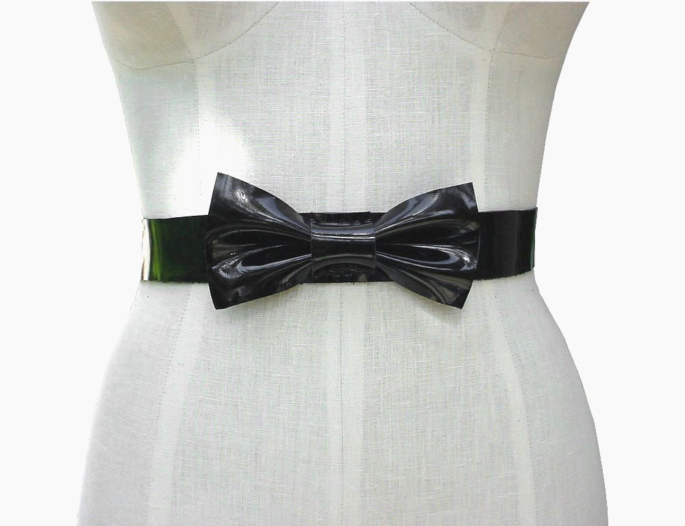 Black Patent Leather Bow Sash Belt Wedding Dress Sash Belt sz 27 28 waist