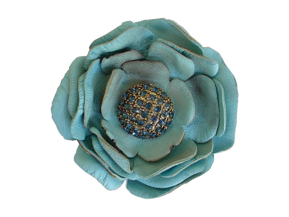 Seafoam Leather Flower Brooch, Boutonniere, Blue Glass Vintage Button Center 2 1/2" in stock