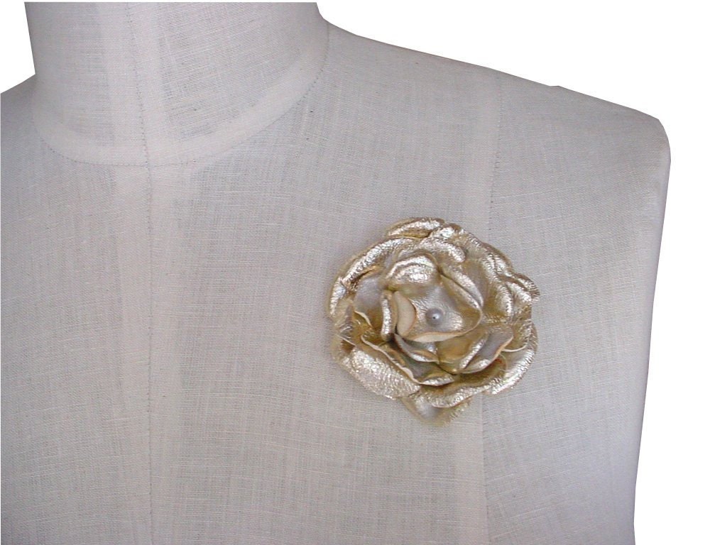 Seafoam Leather Flower Brooch, Boutonniere, Blue Glass Vintage Button Center 2 1/2" in stock
